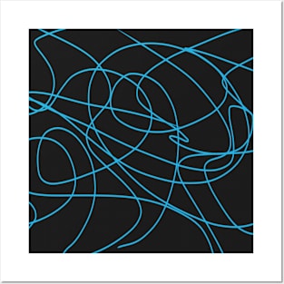 Expressive Blue Line Art on Black Posters and Art